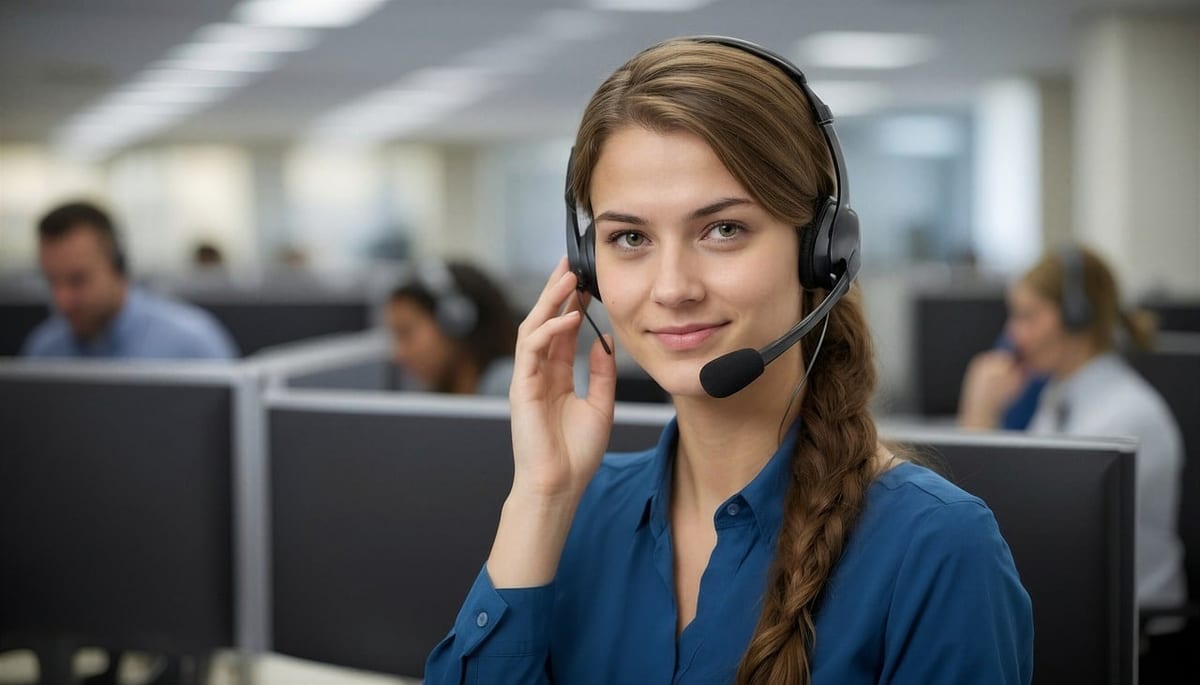 Une conseillère au casque dans un plateau téléphonique