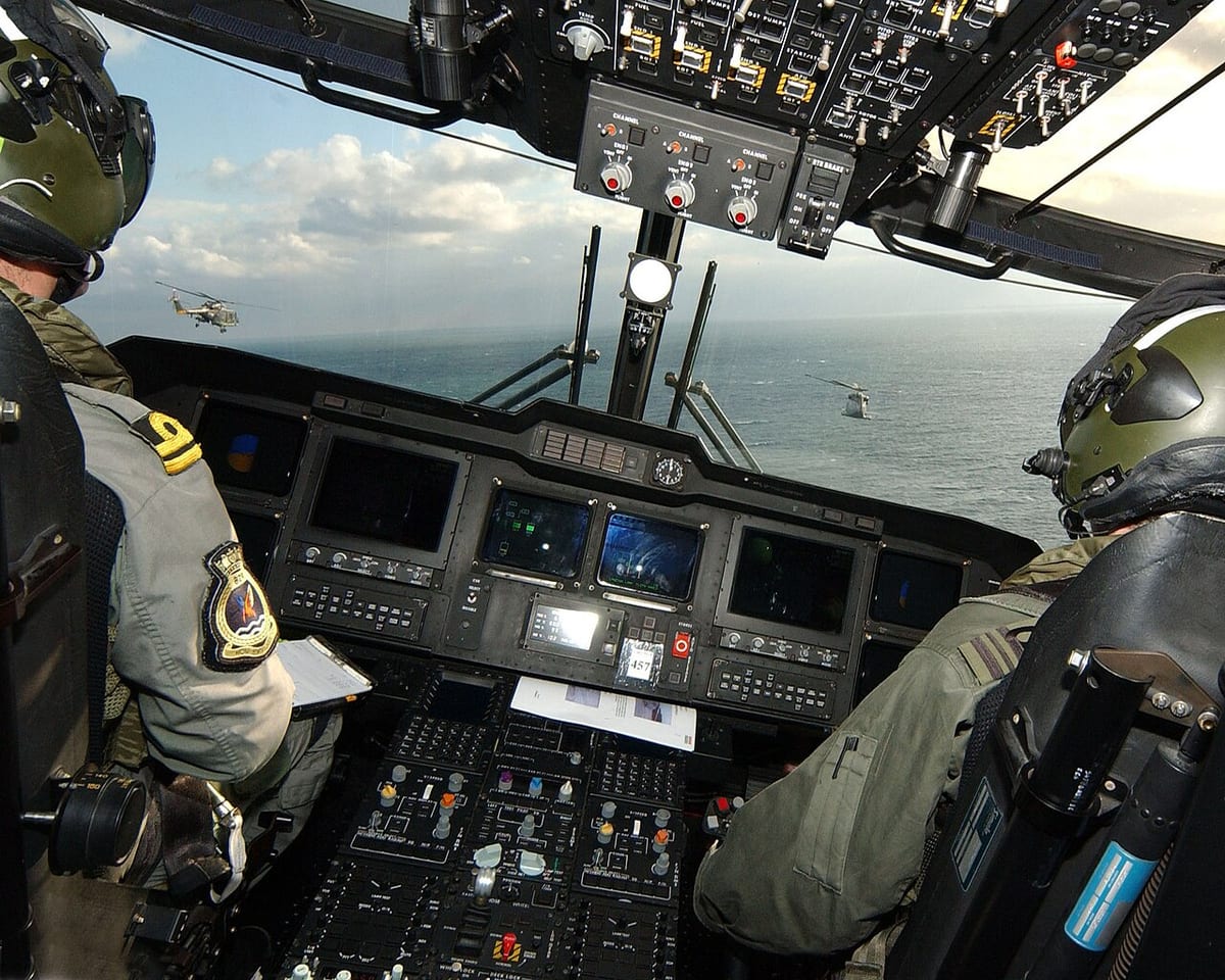 Un pilote et son copilote aux commandes dans le cockpit d'un hélicoptère